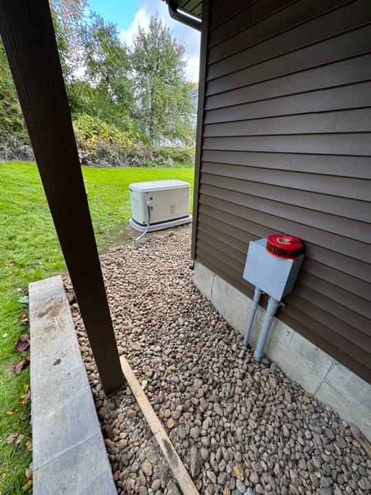 Residential whole-home Generac standby generator on a level pad against the side of a home, gas line and electrical conduits run cleanly.
