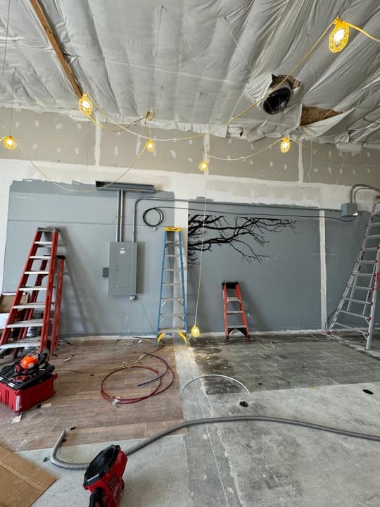Basement panel install in a new build, drop lights strung up overhead during rough-in.