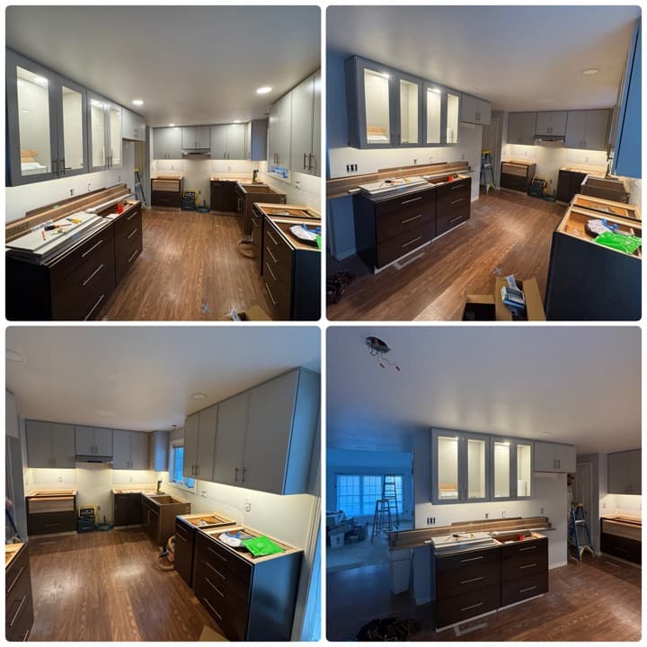 Four-panel collage of a finished kitchen showing under-cabinet LED strip lighting, recessed downlights, dark-base and white-upper cabinets with pendants stubbed in.